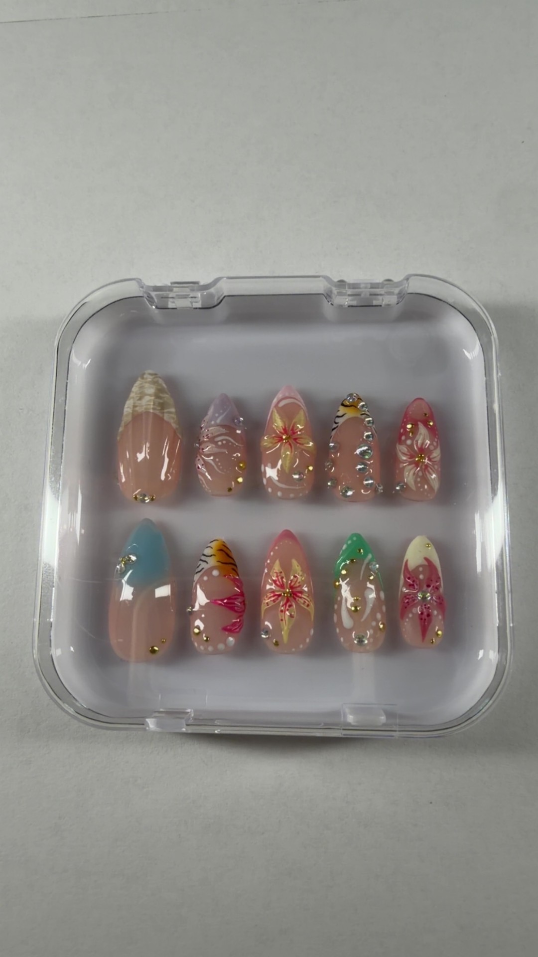 Hand-painted press-on nail set with floral art